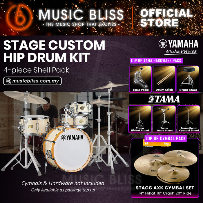 Yamaha Stage Custom Hip 4-Piece Acoustic Drum Kit – 20" Bass Drum – Shell Pack Only or Complete Package with Hardware & Cymbals - Classic White