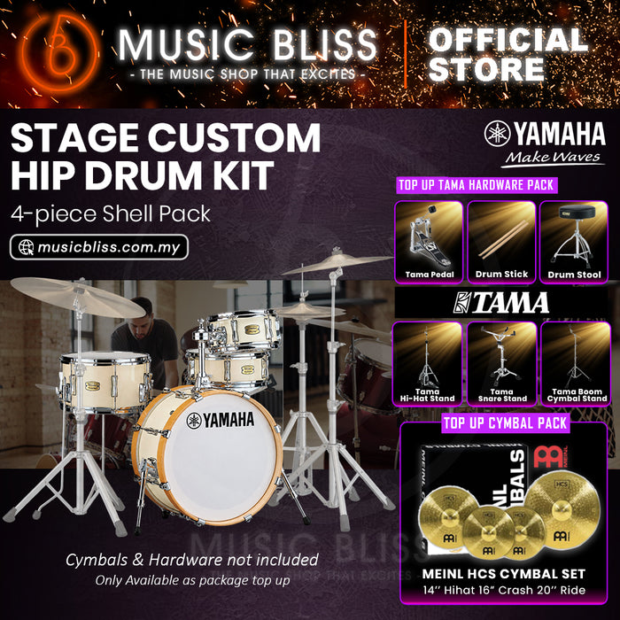 Yamaha Stage Custom Hip 4-Piece Acoustic Drum Kit – 20" Bass Drum – Shell Pack Only or Complete Package with Hardware & Cymbals - Classic White