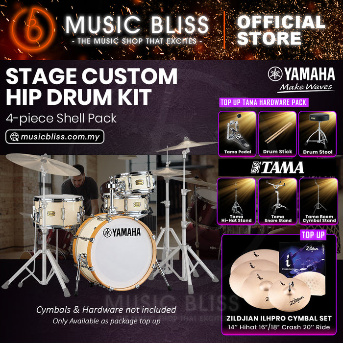 Yamaha Stage Custom Hip 4-Piece Acoustic Drum Kit – 20" Bass Drum – Shell Pack Only or Complete Package with Hardware & Cymbals - Classic White