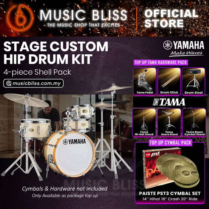 Yamaha Stage Custom Hip 4-Piece Acoustic Drum Kit – 20" Bass Drum – Shell Pack Only or Complete Package with Hardware & Cymbals - Classic White
