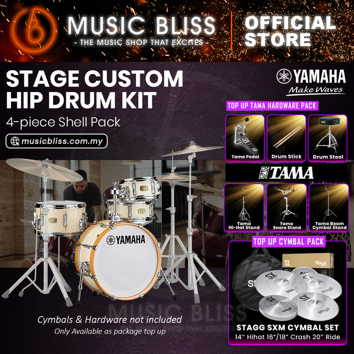 Yamaha Stage Custom Hip 4-Piece Acoustic Drum Kit – 20" Bass Drum – Shell Pack Only or Complete Package with Hardware & Cymbals - Classic White