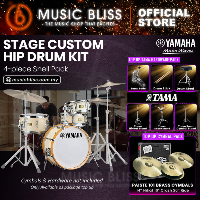 Yamaha Stage Custom Hip 4-Piece Acoustic Drum Kit – 20" Bass Drum – Shell Pack Only or Complete Package with Hardware & Cymbals - Classic White