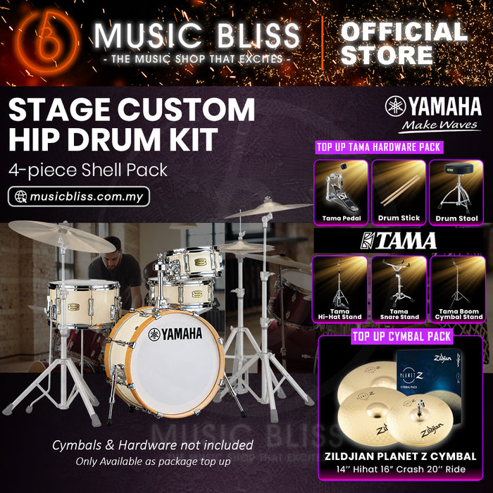 Yamaha Stage Custom Hip 4-Piece Acoustic Drum Kit – 20" Bass Drum – Shell Pack Only or Complete Package with Hardware & Cymbals - Classic White