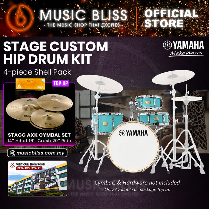 Yamaha Stage Custom Hip 4-Piece Acoustic Drum Kit – 20" Bass Drum – Shell Pack Only or Complete Package with Hardware & Cymbals - Matte Surf Green