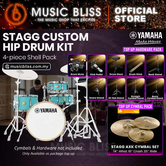Yamaha Stage Custom Hip 4-Piece Acoustic Drum Kit – 20" Bass Drum – Shell Pack Only or Complete Package with Hardware & Cymbals - Matte Surf Green