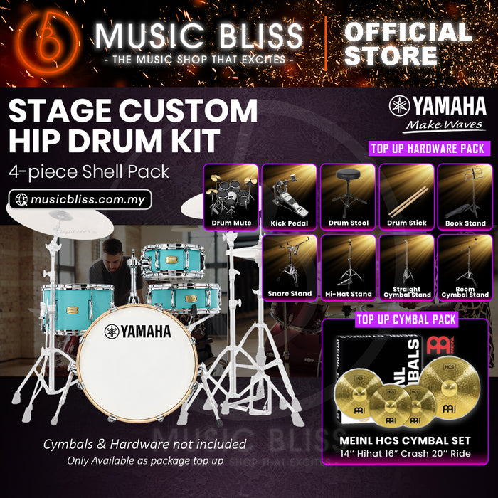 Yamaha Stage Custom Hip 4-Piece Acoustic Drum Kit – 20" Bass Drum – Shell Pack Only or Complete Package with Hardware & Cymbals - Matte Surf Green