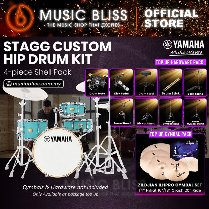 Yamaha Stage Custom Hip 4-Piece Acoustic Drum Kit – 20" Bass Drum – Shell Pack Only or Complete Package with Hardware & Cymbals - Matte Surf Green