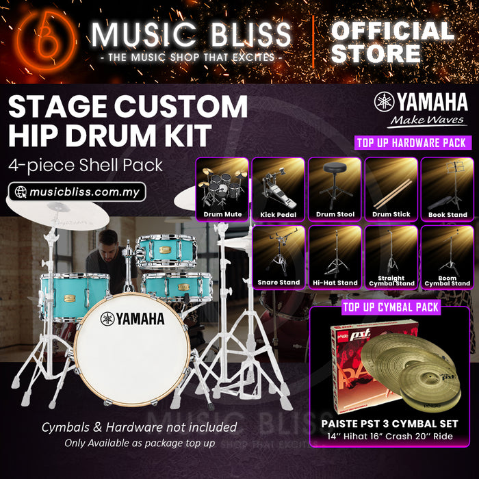 Yamaha Stage Custom Hip 4-Piece Acoustic Drum Kit – 20" Bass Drum – Shell Pack Only or Complete Package with Hardware & Cymbals - Matte Surf Green
