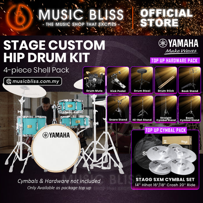 Yamaha Stage Custom Hip 4-Piece Acoustic Drum Kit – 20" Bass Drum – Shell Pack Only or Complete Package with Hardware & Cymbals - Matte Surf Green