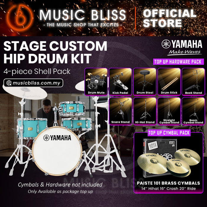 Yamaha Stage Custom Hip 4-Piece Acoustic Drum Kit – 20" Bass Drum – Shell Pack Only or Complete Package with Hardware & Cymbals - Matte Surf Green