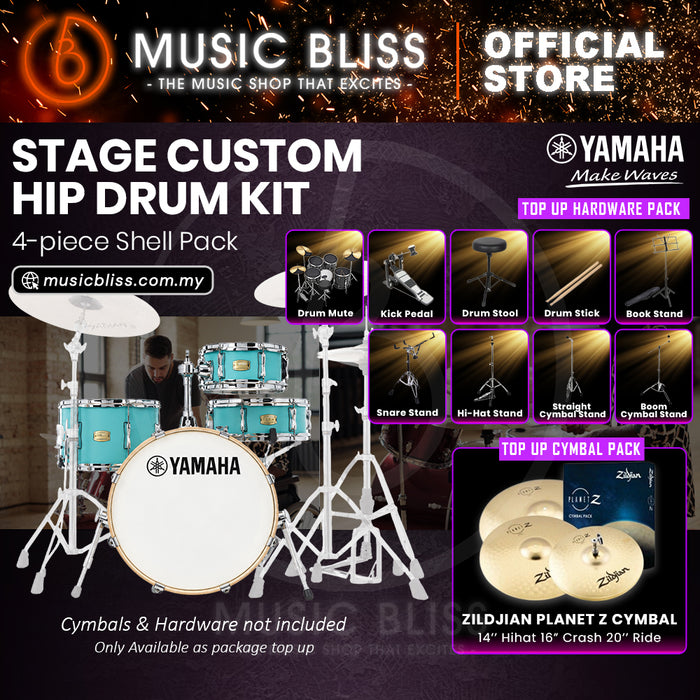 Yamaha Stage Custom Hip 4-Piece Acoustic Drum Kit – 20" Bass Drum – Shell Pack Only or Complete Package with Hardware & Cymbals - Matte Surf Green