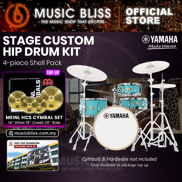 Yamaha Stage Custom Hip 4-Piece Acoustic Drum Kit – 20" Bass Drum – Shell Pack Only or Complete Package with Hardware & Cymbals - Matte Surf Green