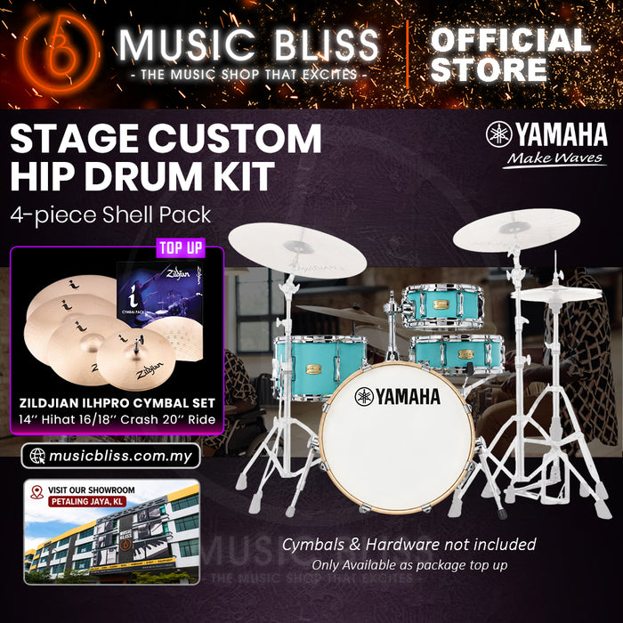 Yamaha Stage Custom Hip 4-Piece Acoustic Drum Kit – 20" Bass Drum – Shell Pack Only or Complete Package with Hardware & Cymbals - Matte Surf Green