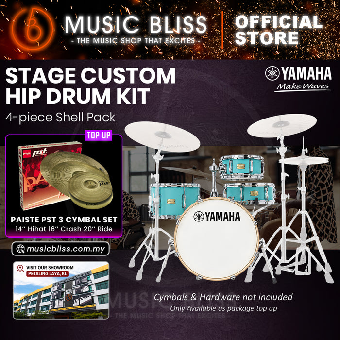 Yamaha Stage Custom Hip 4-Piece Acoustic Drum Kit – 20" Bass Drum – Shell Pack Only or Complete Package with Hardware & Cymbals - Matte Surf Green