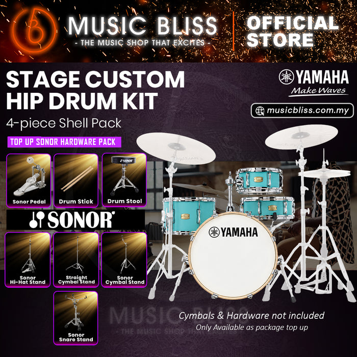 Yamaha Stage Custom Hip 4-Piece Acoustic Drum Kit – 20" Bass Drum – Shell Pack Only or Complete Package with Hardware & Cymbals - Matte Surf Green