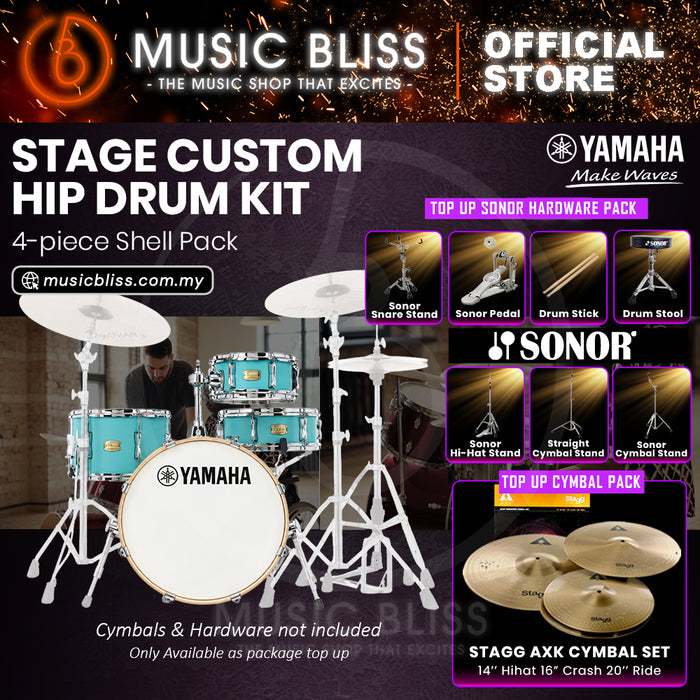 Yamaha Stage Custom Hip 4-Piece Acoustic Drum Kit – 20" Bass Drum – Shell Pack Only or Complete Package with Hardware & Cymbals - Matte Surf Green