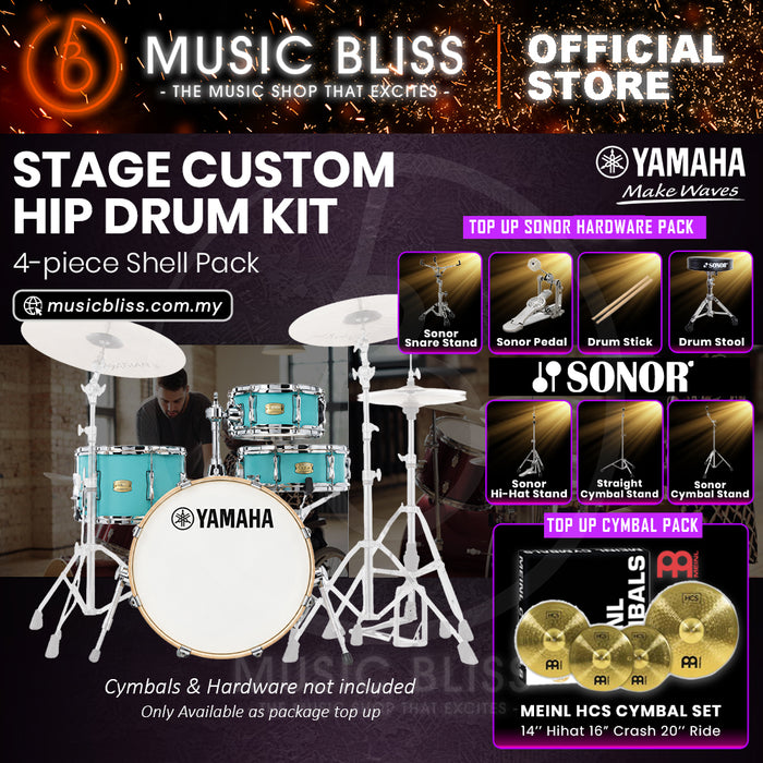 Yamaha Stage Custom Hip 4-Piece Acoustic Drum Kit – 20" Bass Drum – Shell Pack Only or Complete Package with Hardware & Cymbals - Matte Surf Green