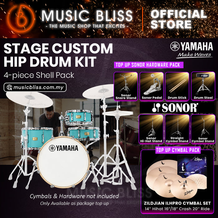 Yamaha Stage Custom Hip 4-Piece Acoustic Drum Kit – 20" Bass Drum – Shell Pack Only or Complete Package with Hardware & Cymbals - Matte Surf Green