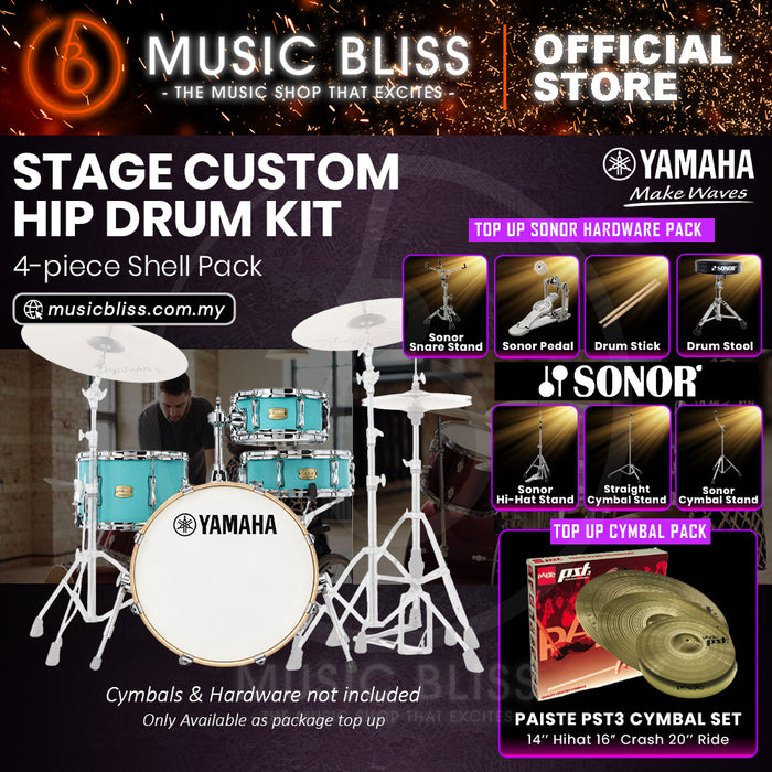 Yamaha Stage Custom Hip 4-Piece Acoustic Drum Kit – 20" Bass Drum – Shell Pack Only or Complete Package with Hardware & Cymbals - Matte Surf Green