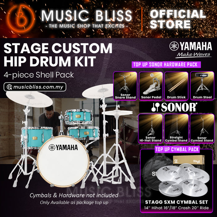 Yamaha Stage Custom Hip 4-Piece Acoustic Drum Kit – 20" Bass Drum – Shell Pack Only or Complete Package with Hardware & Cymbals - Matte Surf Green