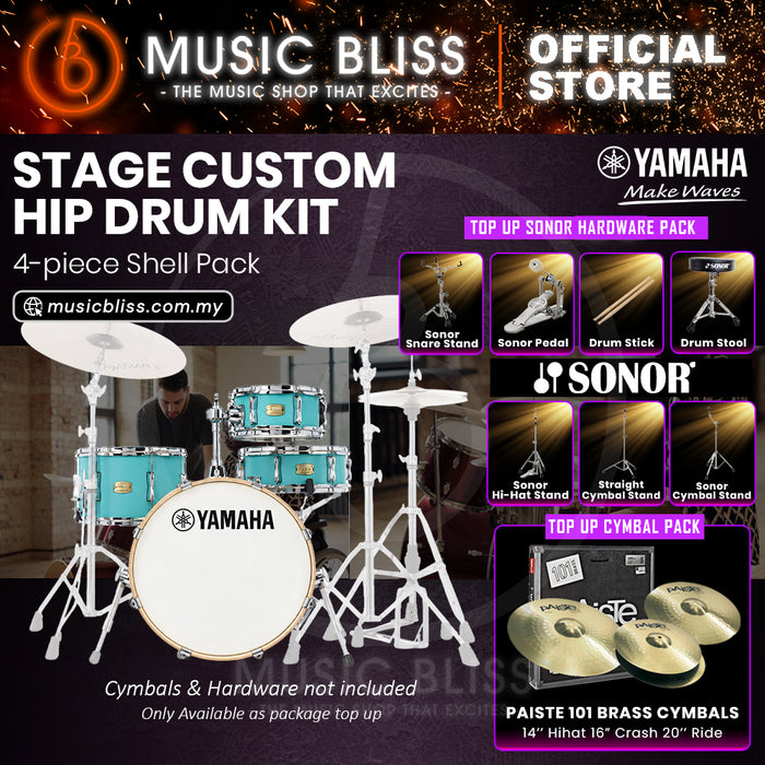 Yamaha Stage Custom Hip 4-Piece Acoustic Drum Kit – 20" Bass Drum – Shell Pack Only or Complete Package with Hardware & Cymbals - Matte Surf Green