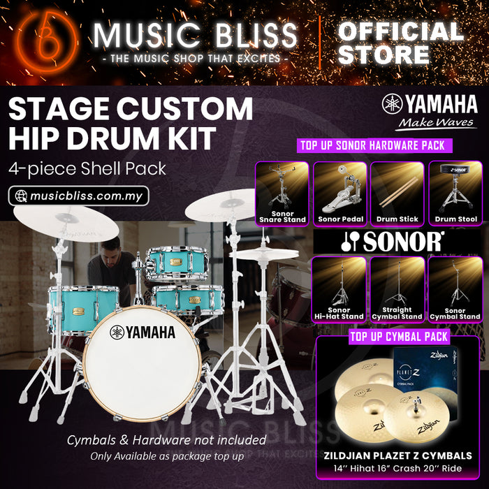 Yamaha Stage Custom Hip 4-Piece Acoustic Drum Kit – 20" Bass Drum – Shell Pack Only or Complete Package with Hardware & Cymbals - Matte Surf Green