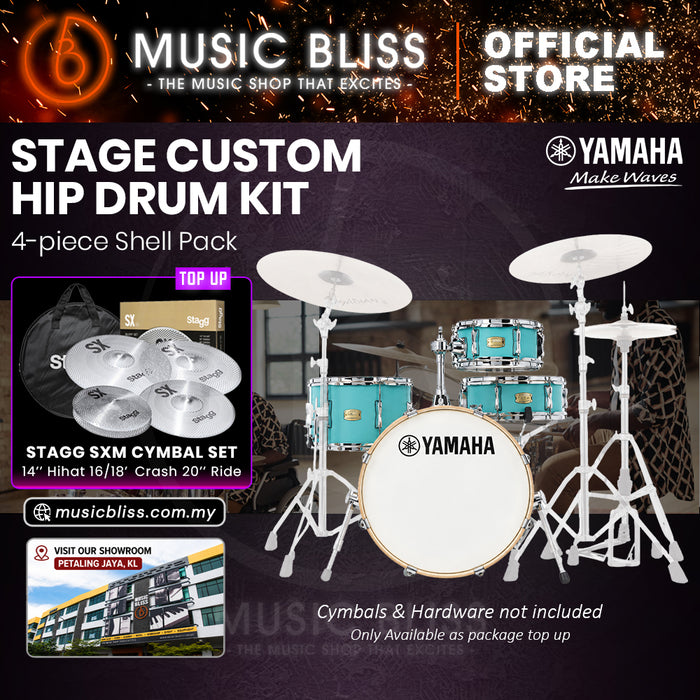 Yamaha Stage Custom Hip 4-Piece Acoustic Drum Kit – 20" Bass Drum – Shell Pack Only or Complete Package with Hardware & Cymbals - Matte Surf Green