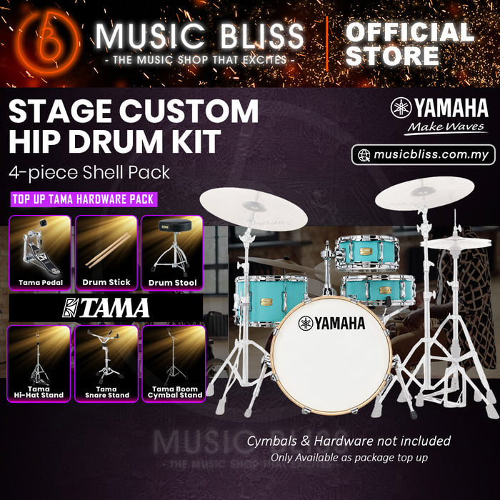 Yamaha Stage Custom Hip 4-Piece Acoustic Drum Kit – 20" Bass Drum – Shell Pack Only or Complete Package with Hardware & Cymbals - Matte Surf Green