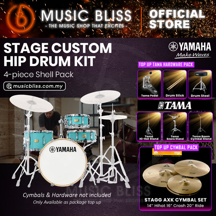 Yamaha Stage Custom Hip 4-Piece Acoustic Drum Kit – 20" Bass Drum – Shell Pack Only or Complete Package with Hardware & Cymbals - Matte Surf Green