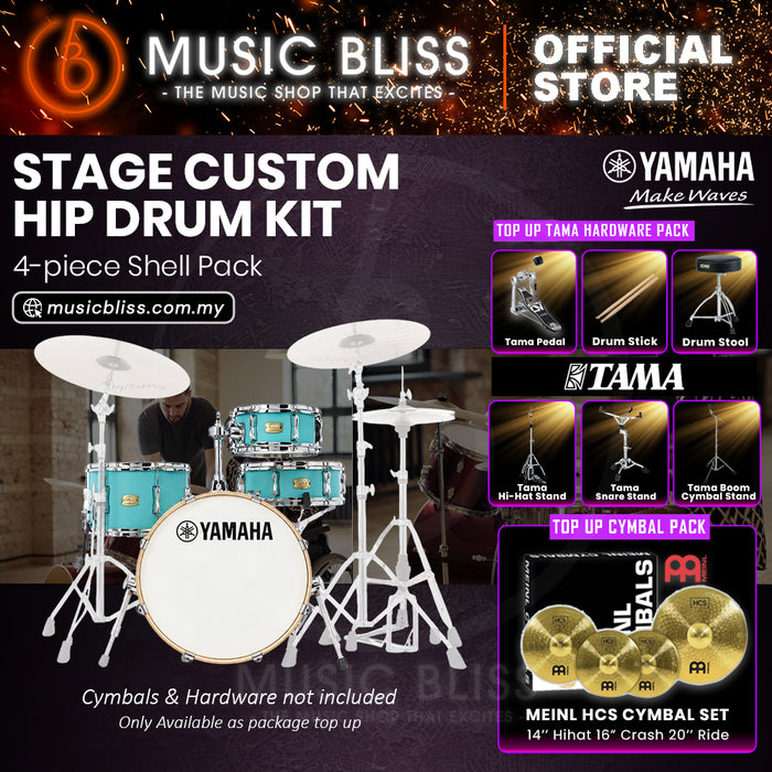Yamaha Stage Custom Hip 4-Piece Acoustic Drum Kit – 20" Bass Drum – Shell Pack Only or Complete Package with Hardware & Cymbals - Matte Surf Green