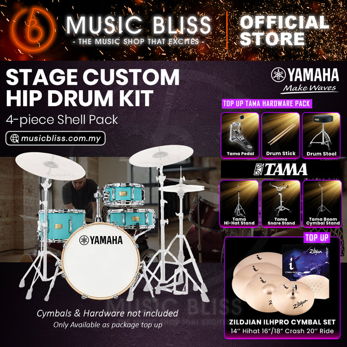 Yamaha Stage Custom Hip 4-Piece Acoustic Drum Kit – 20" Bass Drum – Shell Pack Only or Complete Package with Hardware & Cymbals - Matte Surf Green