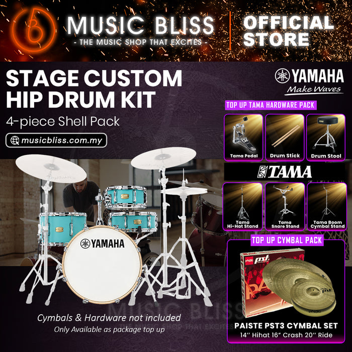 Yamaha Stage Custom Hip 4-Piece Acoustic Drum Kit – 20" Bass Drum – Shell Pack Only or Complete Package with Hardware & Cymbals - Matte Surf Green