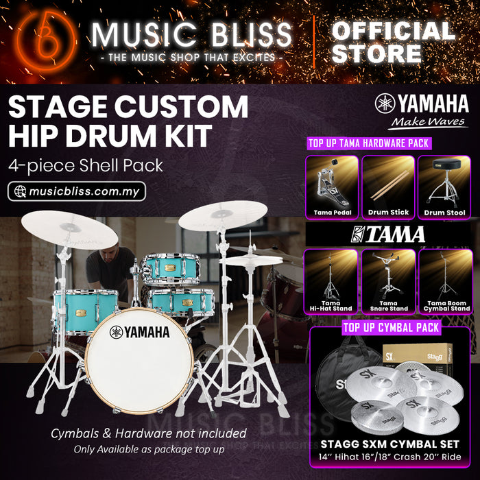 Yamaha Stage Custom Hip 4-Piece Acoustic Drum Kit – 20" Bass Drum – Shell Pack Only or Complete Package with Hardware & Cymbals - Matte Surf Green