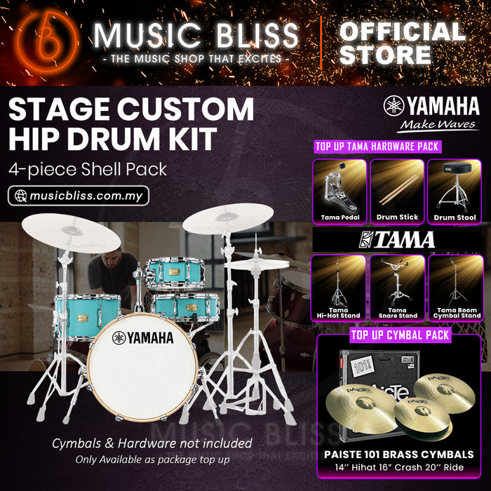 Yamaha Stage Custom Hip 4-Piece Acoustic Drum Kit – 20" Bass Drum – Shell Pack Only or Complete Package with Hardware & Cymbals - Matte Surf Green