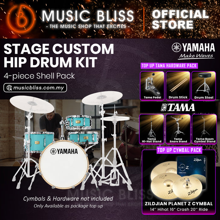 Yamaha Stage Custom Hip 4-Piece Acoustic Drum Kit – 20" Bass Drum – Shell Pack Only or Complete Package with Hardware & Cymbals - Matte Surf Green