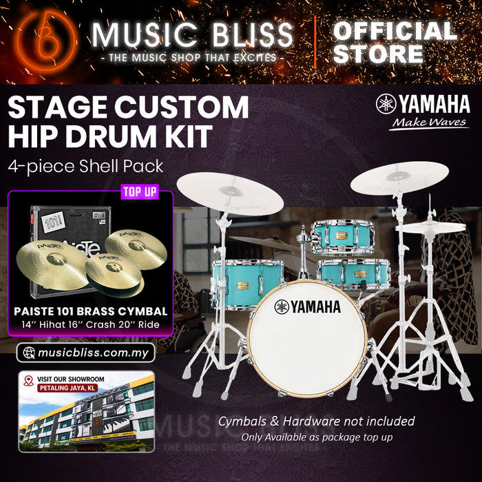 Yamaha Stage Custom Hip 4-Piece Acoustic Drum Kit – 20" Bass Drum – Shell Pack Only or Complete Package with Hardware & Cymbals - Matte Surf Green