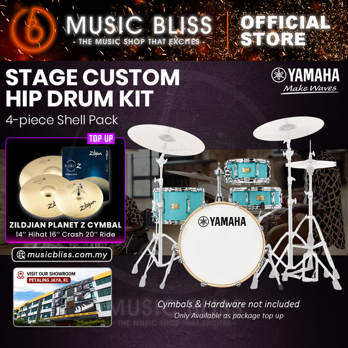 Yamaha Stage Custom Hip 4-Piece Acoustic Drum Kit – 20" Bass Drum – Shell Pack Only or Complete Package with Hardware & Cymbals - Matte Surf Green