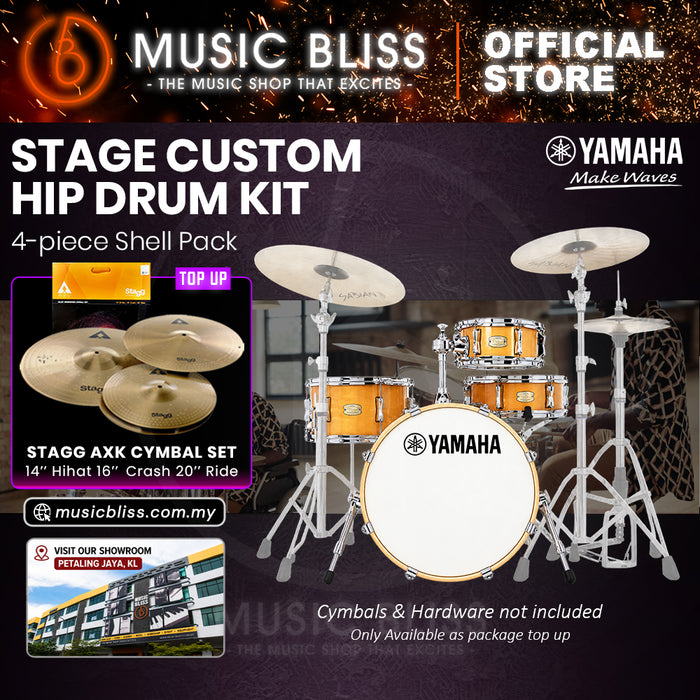 Yamaha Stage Custom Hip 4-Piece Acoustic Drum Kit – 20" Bass Drum – Shell Pack Only or Complete Package with Hardware & Cymbals - Natural Wood