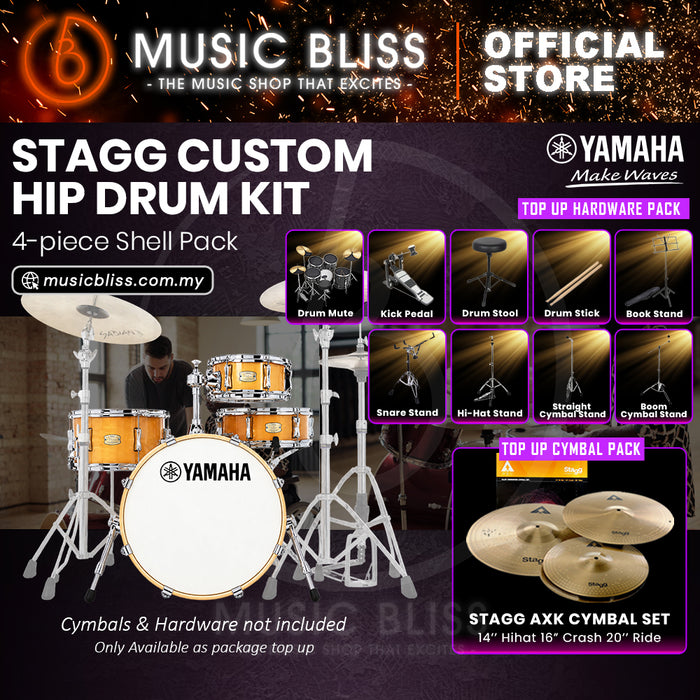 Yamaha Stage Custom Hip 4-Piece Acoustic Drum Kit – 20" Bass Drum – Shell Pack Only or Complete Package with Hardware & Cymbals - Natural Wood