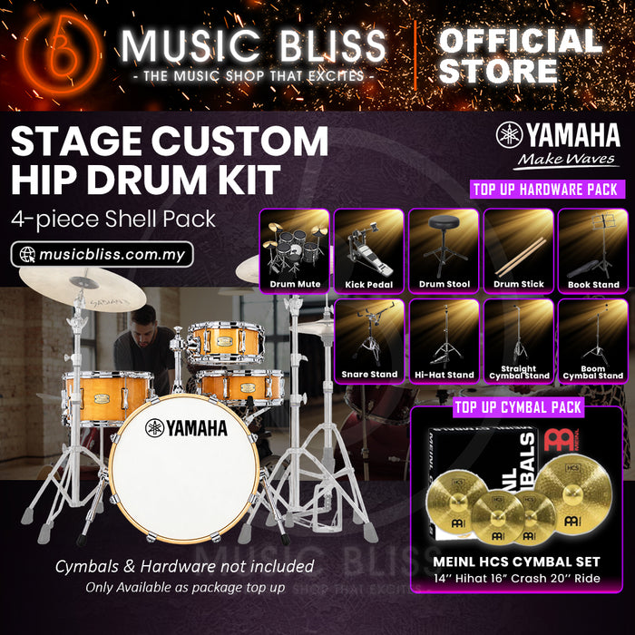 Yamaha Stage Custom Hip 4-Piece Acoustic Drum Kit – 20" Bass Drum – Shell Pack Only or Complete Package with Hardware & Cymbals - Natural Wood