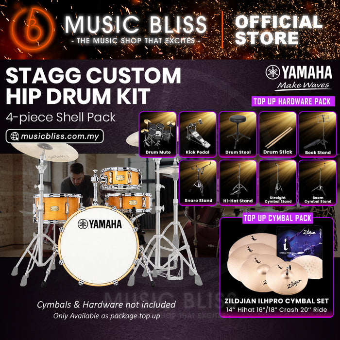Yamaha Stage Custom Hip 4-Piece Acoustic Drum Kit – 20" Bass Drum – Shell Pack Only or Complete Package with Hardware & Cymbals - Natural Wood