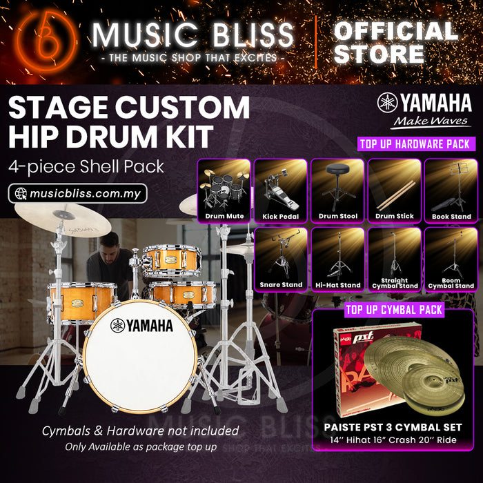 Yamaha Stage Custom Hip 4-Piece Acoustic Drum Kit – 20" Bass Drum – Shell Pack Only or Complete Package with Hardware & Cymbals - Natural Wood