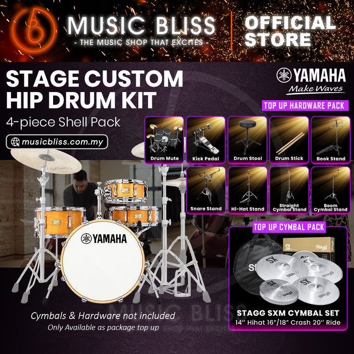 Yamaha Stage Custom Hip 4-Piece Acoustic Drum Kit – 20" Bass Drum – Shell Pack Only or Complete Package with Hardware & Cymbals - Natural Wood