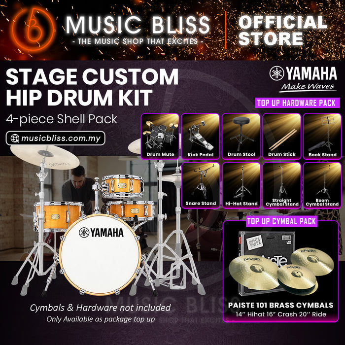 Yamaha Stage Custom Hip 4-Piece Acoustic Drum Kit – 20" Bass Drum – Shell Pack Only or Complete Package with Hardware & Cymbals - Natural Wood