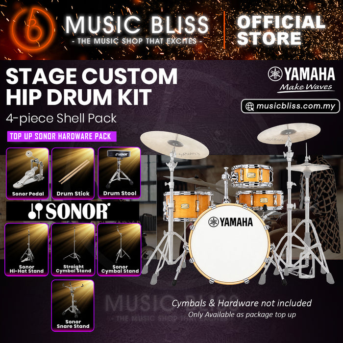 Yamaha Stage Custom Hip 4-Piece Acoustic Drum Kit – 20" Bass Drum – Shell Pack Only or Complete Package with Hardware & Cymbals - Natural Wood