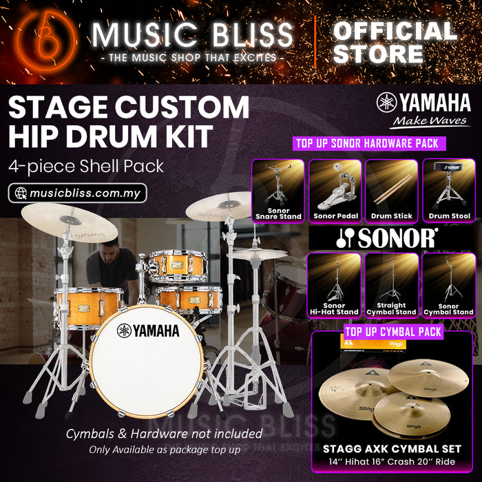 Yamaha Stage Custom Hip 4-Piece Acoustic Drum Kit – 20" Bass Drum – Shell Pack Only or Complete Package with Hardware & Cymbals - Natural Wood