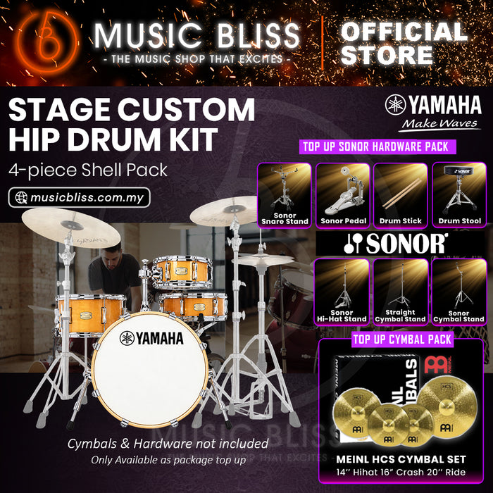 Yamaha Stage Custom Hip 4-Piece Acoustic Drum Kit – 20" Bass Drum – Shell Pack Only or Complete Package with Hardware & Cymbals - Natural Wood