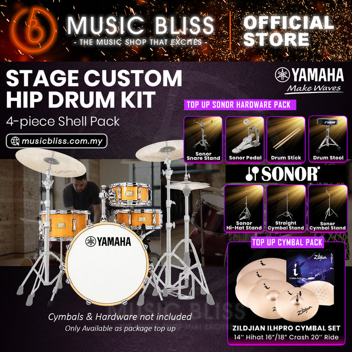 Yamaha Stage Custom Hip 4-Piece Acoustic Drum Kit – 20" Bass Drum – Shell Pack Only or Complete Package with Hardware & Cymbals - Natural Wood
