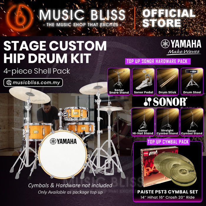 Yamaha Stage Custom Hip 4-Piece Acoustic Drum Kit – 20" Bass Drum – Shell Pack Only or Complete Package with Hardware & Cymbals - Natural Wood