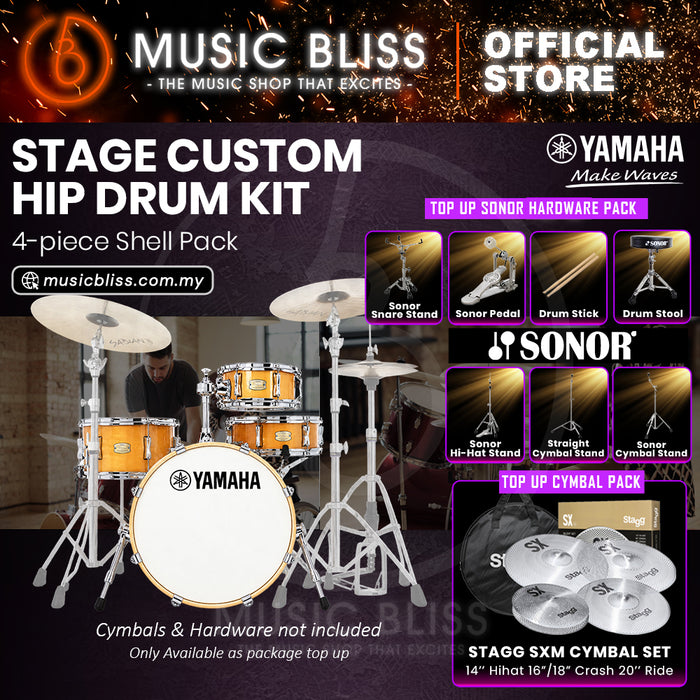 Yamaha Stage Custom Hip 4-Piece Acoustic Drum Kit – 20" Bass Drum – Shell Pack Only or Complete Package with Hardware & Cymbals - Natural Wood
